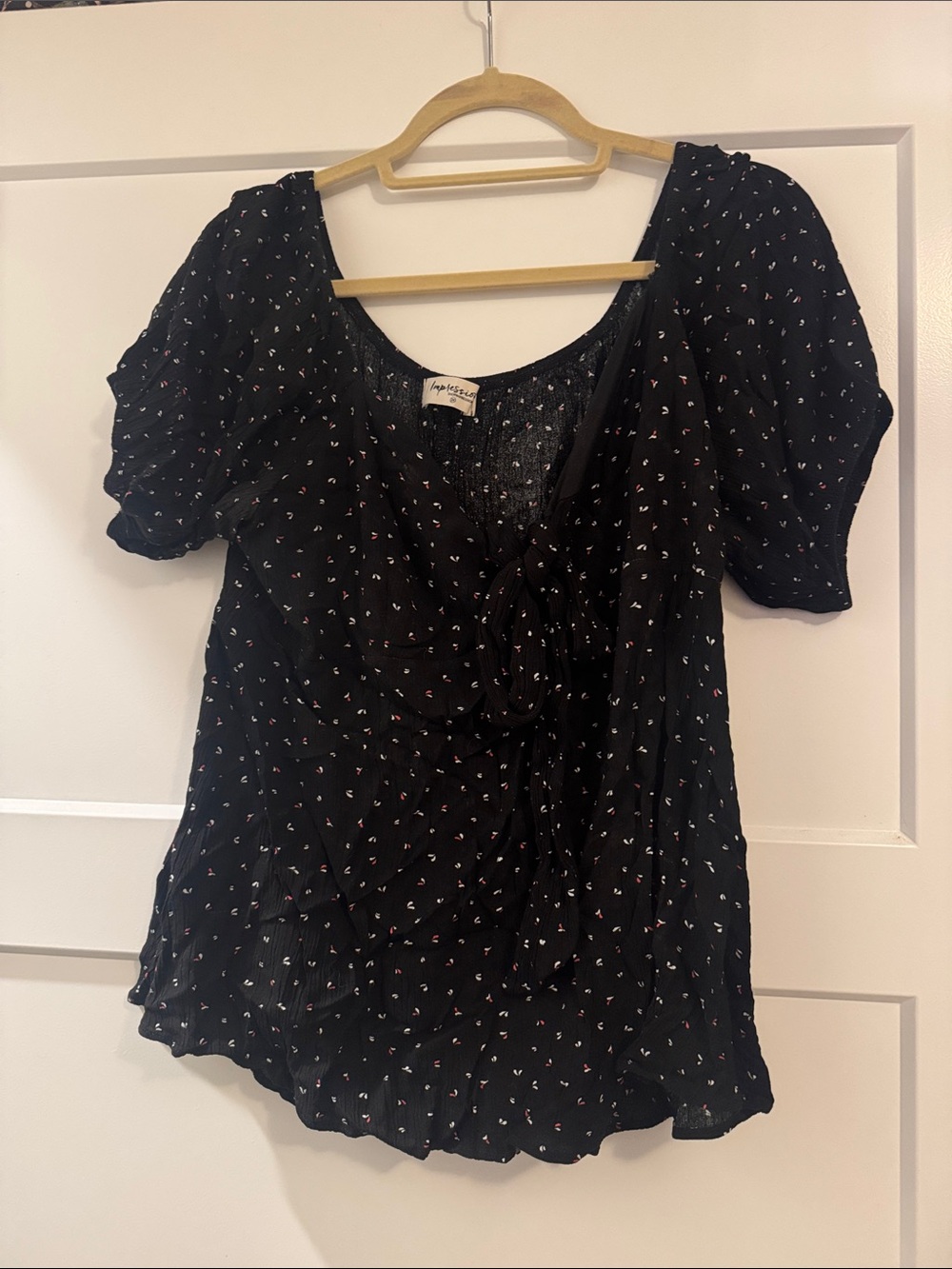 Impressions Black Floral Tie-Front Puff Sleeve Blouse